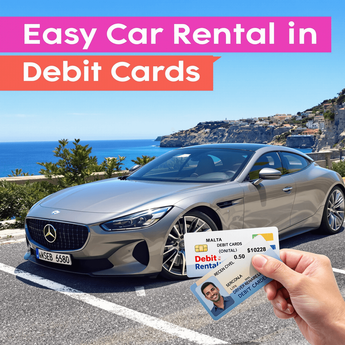 A sleek rental car parked by a Maltese coastal road under clear blue skies, with a hand holding a debit card and driver's license in the foreground.